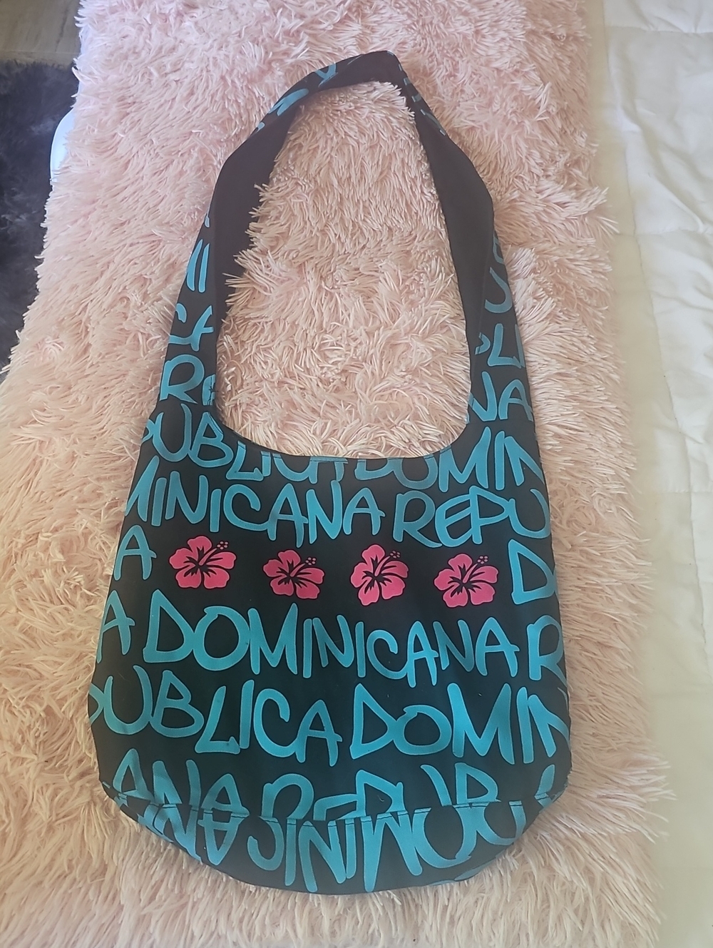 Black & Teal Dominican Republic Beach Shoulder Bag with Pink Hibiscus